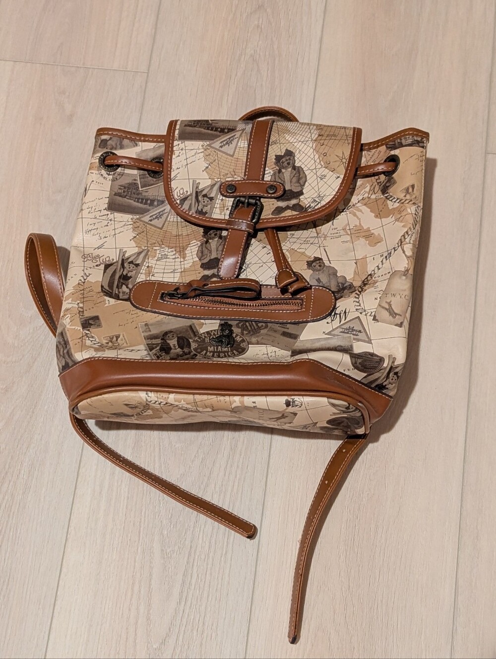 Canvas Map And Bear Print Mini Backpack with Brown Trim